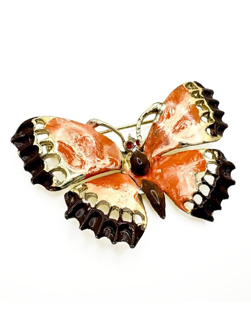 Vintage Enamel Butterfly Brooch Orange & Brown Gold Tone Statement Pin